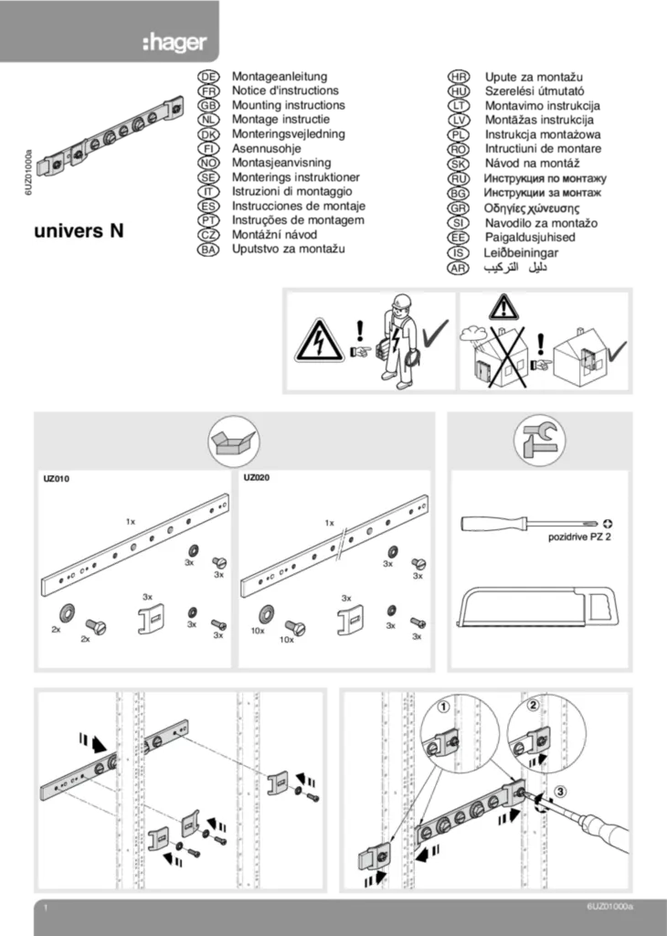 Bild Montageanleitung für UZ010, UZ020 - Erdungsschiene, univers (Stand: 04.2013) | Hager Deutschland