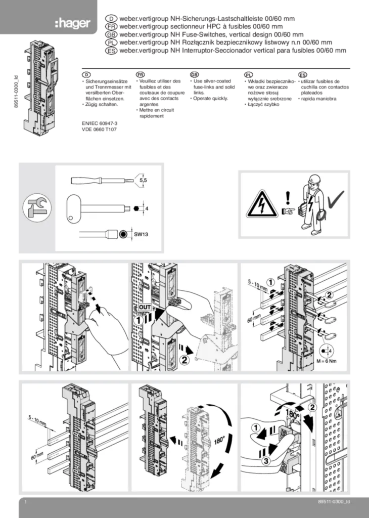 Bild Montageanleitung für LVS0060RP - NH-Sicherungs-Lastschaltleiste LV NH00 60 mm 3-polig (DE, Stand: 08.2016) | Hager Deutschland