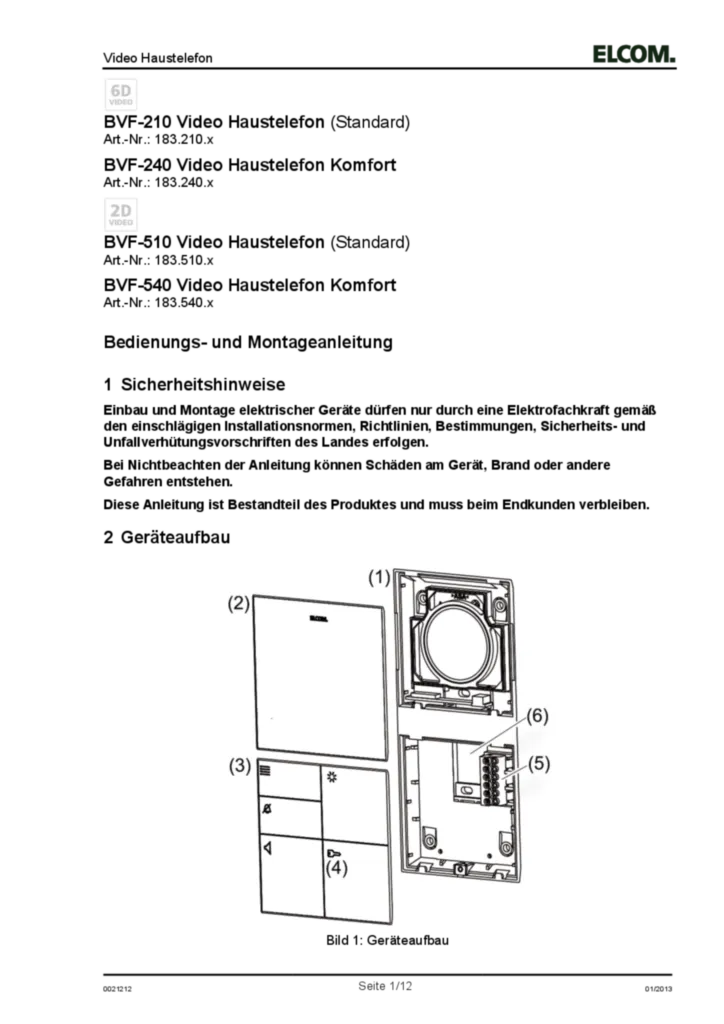 Bild Bedienungsanleitung für 1087618, 1088618 - VideoSet 1/2 Teilnehmer 2D-Video ESTA/BVF-510 (DE, Stand: 02.2013) | Hager Deutschland