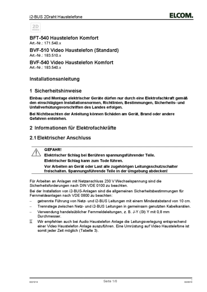 Bild Installationsanleitung für 1087618, 1088618 - VideoSet 1/2 Teilnehmer 2D-Video ESTA/BVF-510 (DE, Stand: 02.2013) | Hager Deutschland