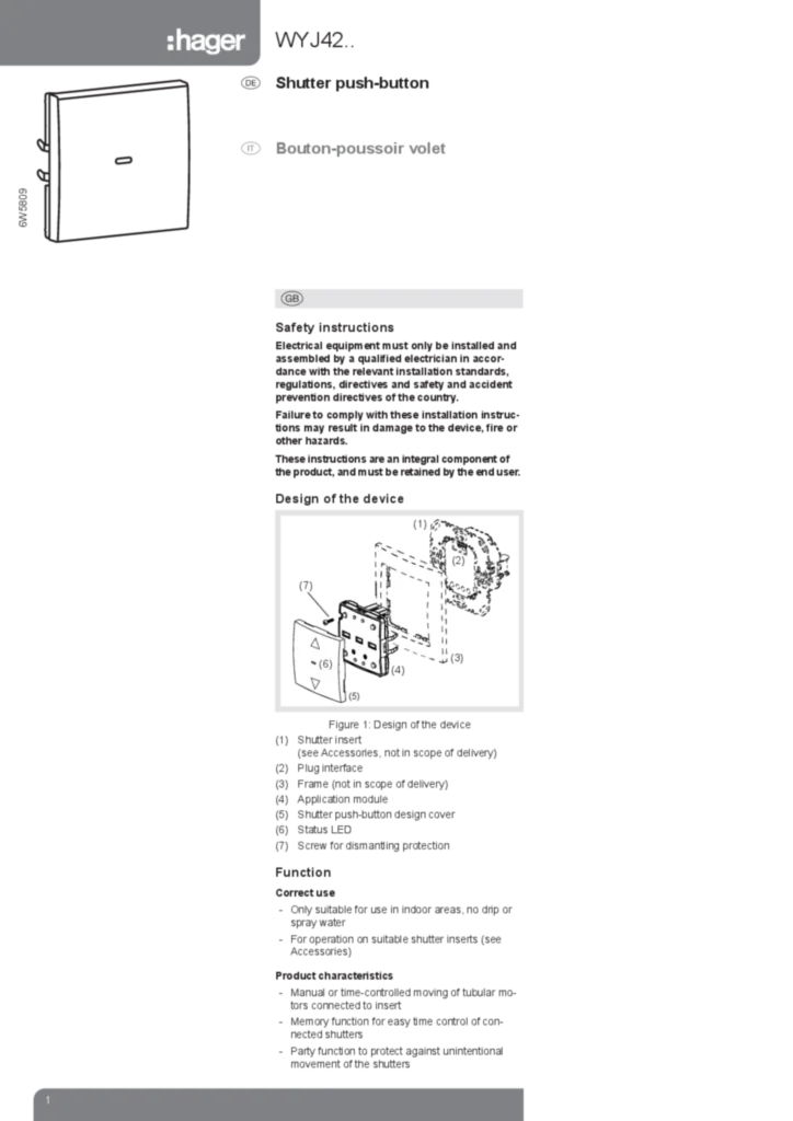 Bild Bouton poussoir volet WYJ42 | Hager Deutschland