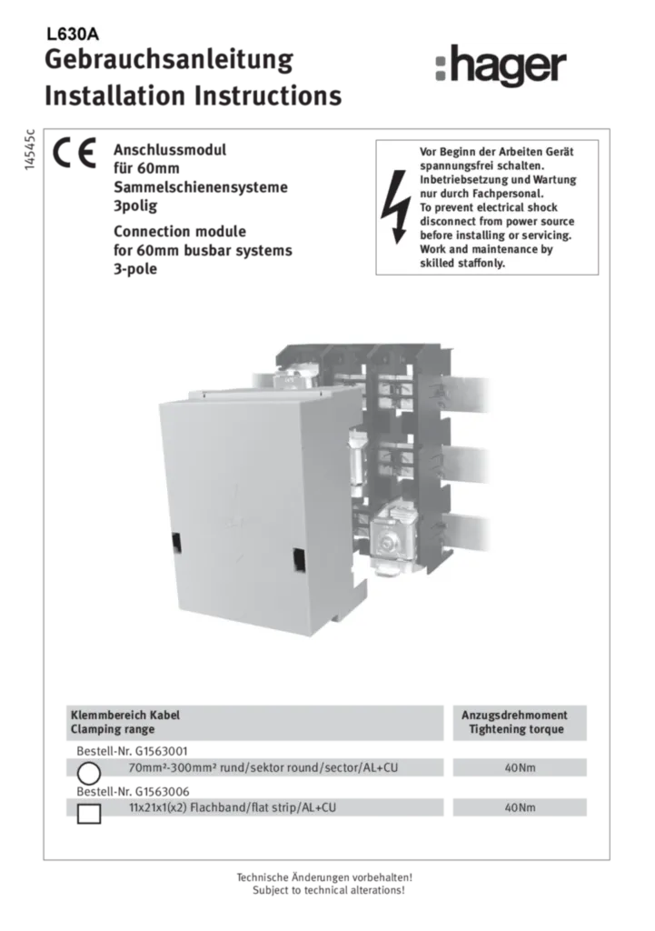 Bild Montageanleitung für L630A - Anschlussmodul mit Anschlussklemmen für Al/Cu 70-30 mm², für Sammelschiene 60 mm (EN, Stand: 01.2011) | Hager Deutschland