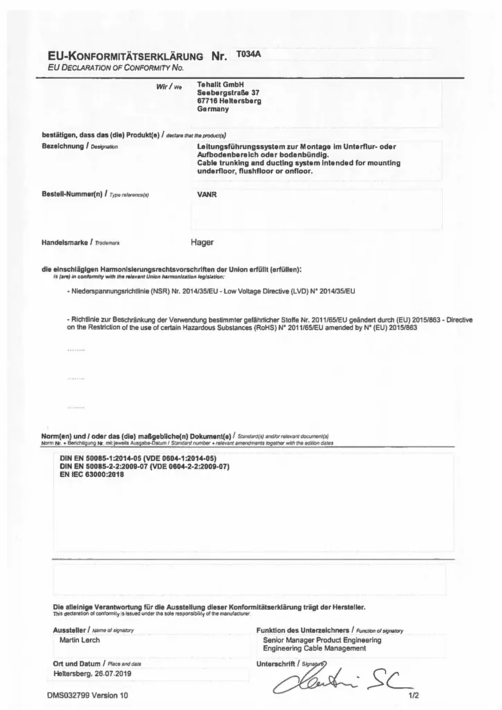 Bild CE-Konformitätserklärung für VANRxx - Leitungsführungssystem Unterflur oder Aufboden (DE-EN, Stand: 07.2019) | Hager Deutschland