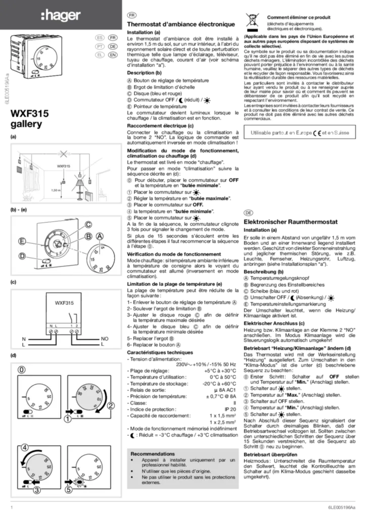 Image Notice d'instruction pour WXF315 - Thermostat electronique Gallery (FR, DE, EN, ES, PT, EL 2018-08) | Hager France
