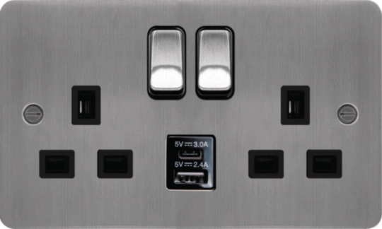 WFSS82BSB-USBSAC - DP Switched Socket 13A 2G USB A+C ports Brushed Steel Black Flat
