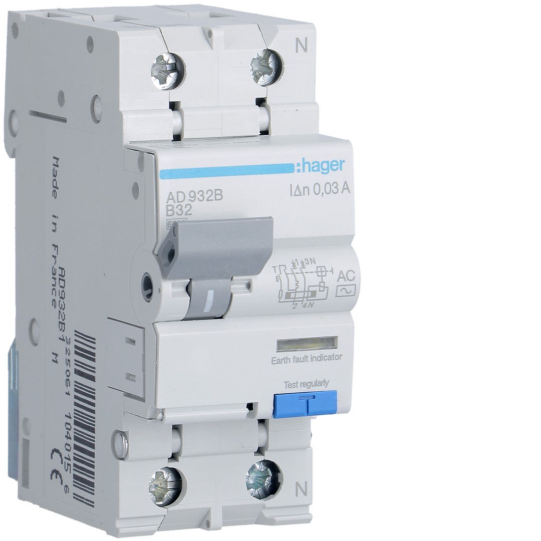 Áramvédő(FI)-kismegszakító 1P+N 32A B-jelleg 0.03A AC-típus 6kA/61009-1 6kA/60947 AD Hager