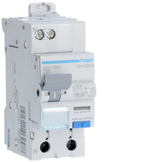 ADC725F - Disjoncteur différentiel 1P+N 3kA C-25A 30mA type AC