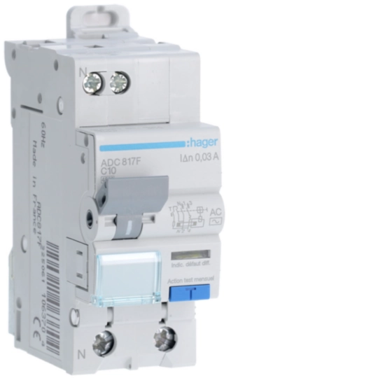 ADC817F - Disjoncteur différentiel 10A 1P+N 4,5kA Courbe C 30mA type AC 60Hz 2 modules