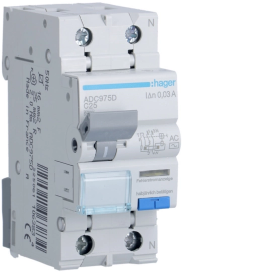 ADC975D - RCBO Wyłącznik różnicowoprądowy z członem nadprądowym 1P+N 6kA C 25A/30mA Typ AC