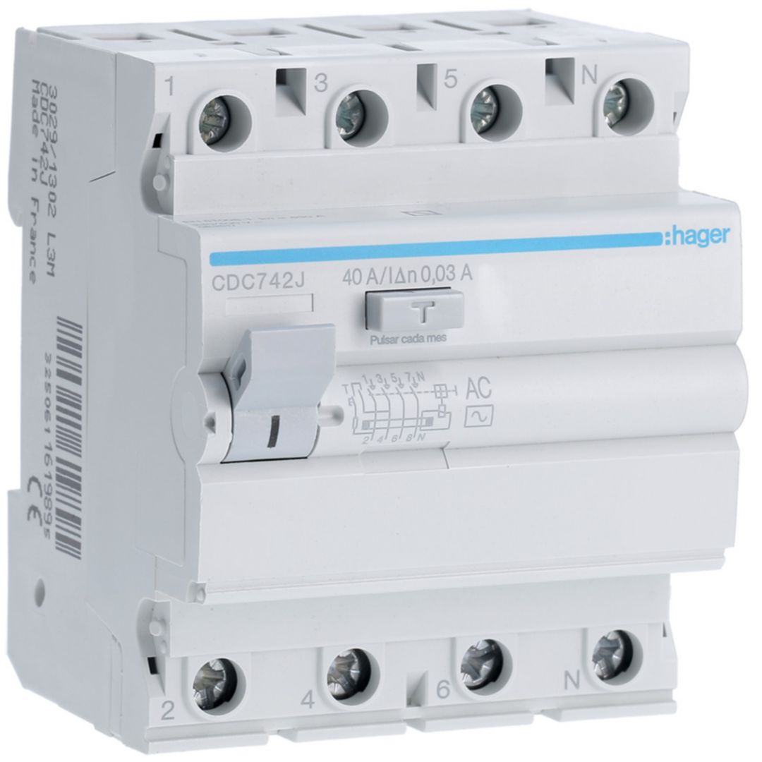 Áram-védőkapcsoló (Fi-relé) analóg 4P 40A 30mA AC-típus 6kA CDC Hager