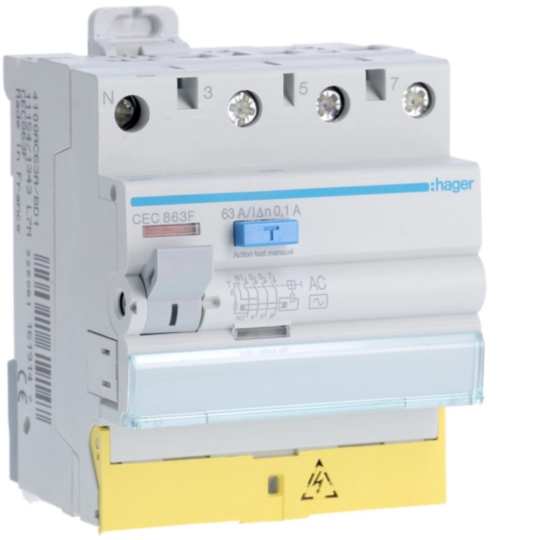 CEC863F - Interrupteur différentiel 63A 100mA 3P+N type AC à bornes décalées