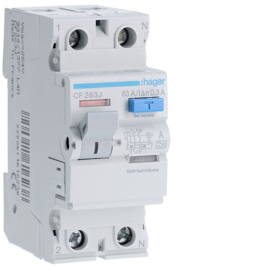 Áram-védőkapcsoló (Fi-relé) analóg 2P 63A 300mA A-típus 6kA CF Hager