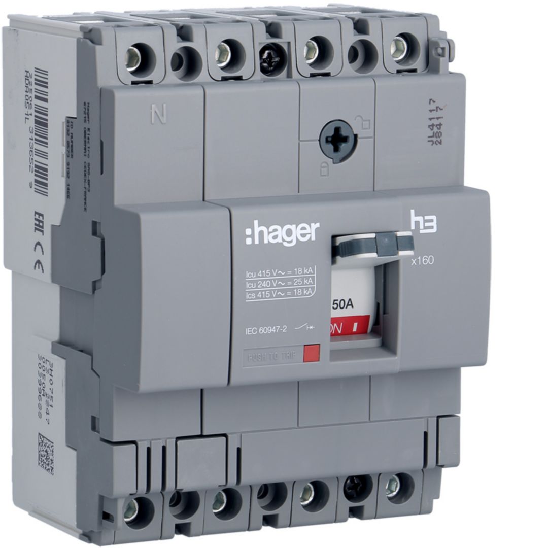 Kompakt megszakító TM-kioldóval 4P fix 50A 50A-hő 18kA 600A-zárlati 220-415V HDA Hager