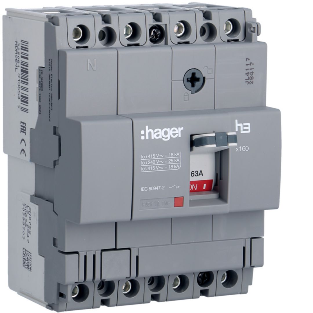 Kompakt megszakító TM-kioldóval 4P fix 63A 63A-hő 18kA 1000A-zárlati 220-415V HDA Hager