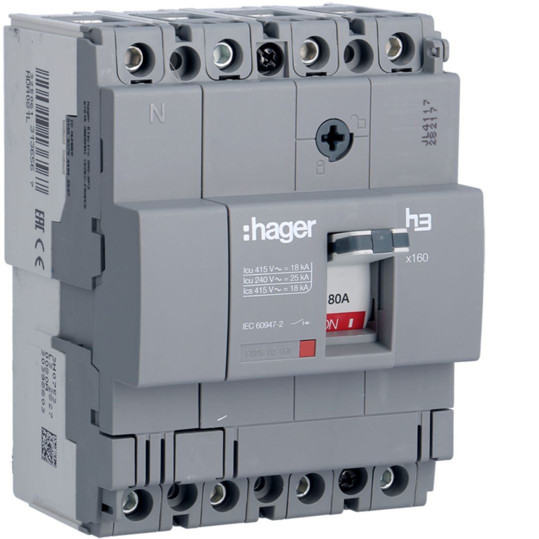 Kompakt megszakító TM-kioldóval 4P fix 80A 80A-hő 18kA 1000A-zárlati 220-415V HDA Hager