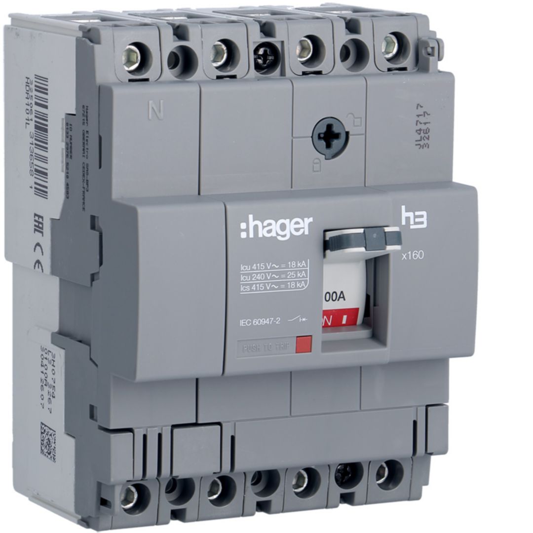 Kompakt megszakító TM-kioldóval 4P fix 100A 100A-hő 18kA 1500A-zárlati 220-415V HDA Hager