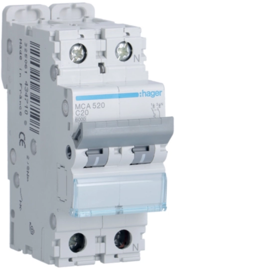 MCA520 - Interruttore automatico magnetotermico 6000A 10kA 1P+N curva C 20A 2M