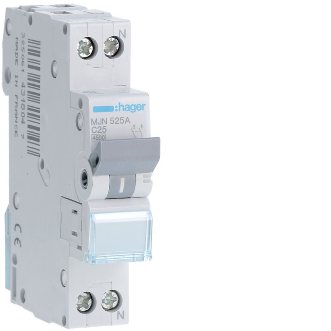 Kismegszakító 1P+N 25A C-jelleg 240V AC 4.5kA/60898 1M MJN Hager