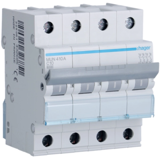 MUN410A - Interruptor automático magnetotérmico serie MU 4P 10A curva C 6KA