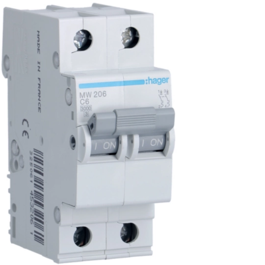 MW206 - Disjuntor 2P 6A Curva C 3kA 2 Módulos