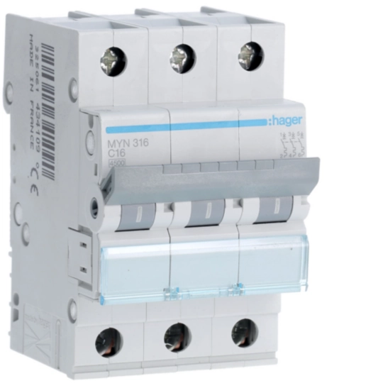 MYN316 - Interruttore Automatico Magnetotermico 3 Poli 16 A 4.5 Ka Curva C 3 M. Din