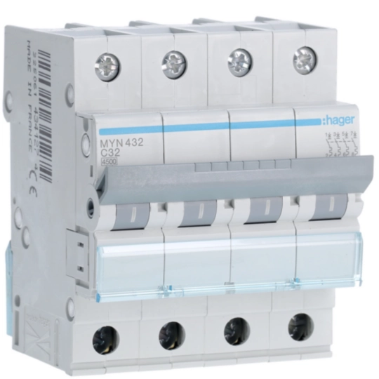 MYN432 - Interruttore Automatico Magnetotermico 4 Poli 32 A 4.5 Ka Curva C 4 M. Din