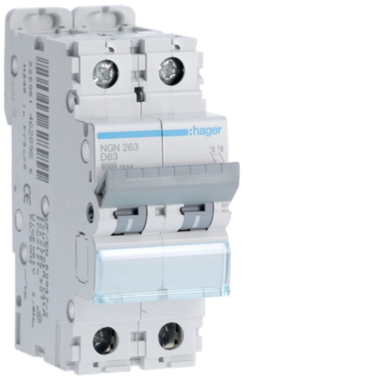 NGN263 - Disjoncteur 63A 2P 6-10kA Courbe D 2modules