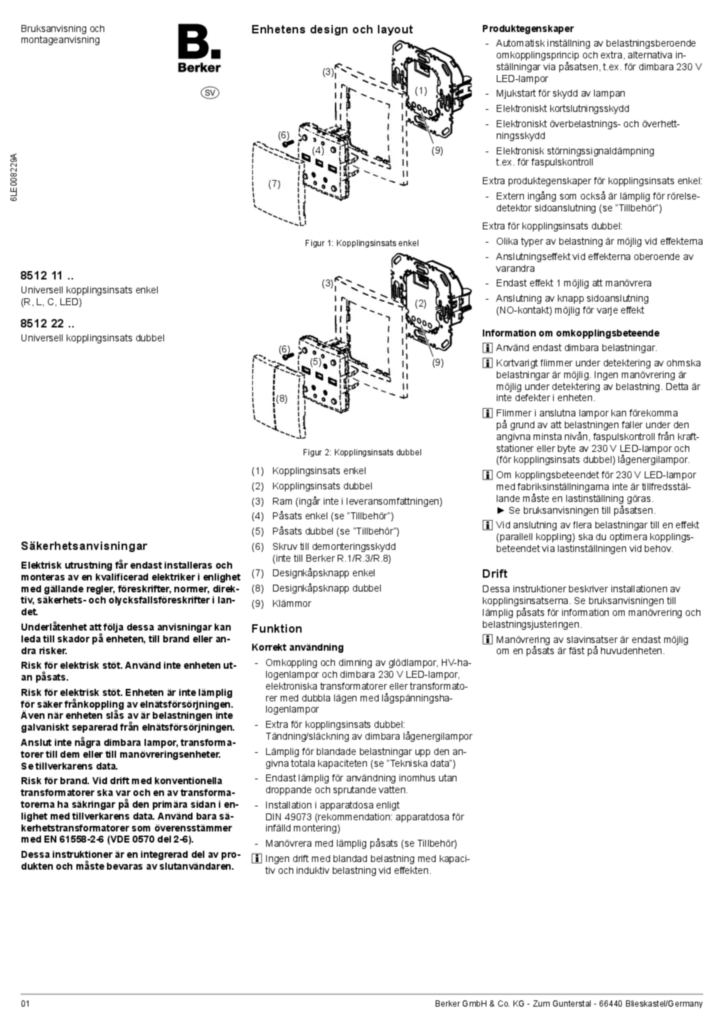 Bild Manual for 851211XX-851222XX - Universal switch insert 1-/2gang (SV, 2022-04) | Hager Sverige