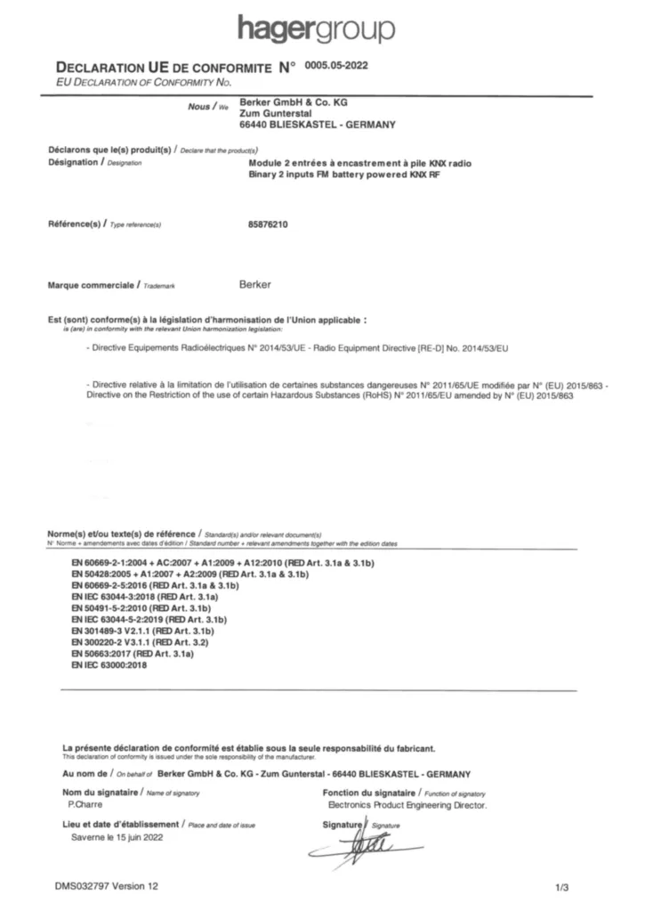 Immagine EU Declaration of Conformity | Hager Italia