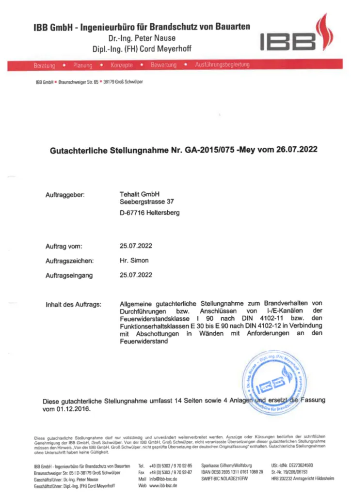 Bild Gutachterliche Stellungnahme: FWK Wandanschluss und - durchführungen in Verbindung mit Abschottungssystemen GA-2015-075-Mey (Verlängerung 07-2022) | Hager Deutschland