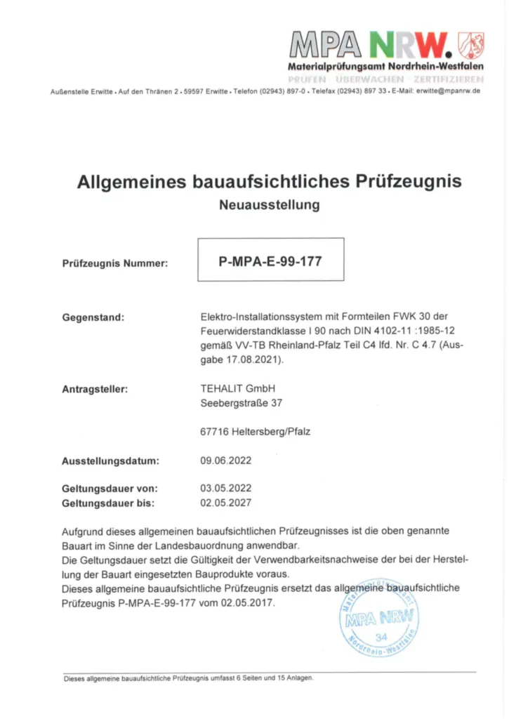 Bild Allgemeines bauaufsichtliches Prüfzeugnis (ABP) P-MPA-E-99-177 (abgehängt, Wand, Decke, I90) (Stand: 05-2022) | Hager Deutschland