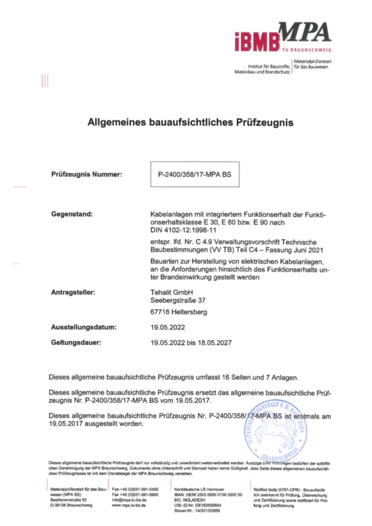 Bild Allgemeines bauaufsichtliches Prüfzeugnis LFS Funktionserhalt nach DIN 4102-12 | Hager Deutschland
