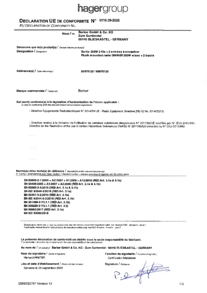 Immagine Dichiarazione di conformità International 2022-10-04 | Hager Italia