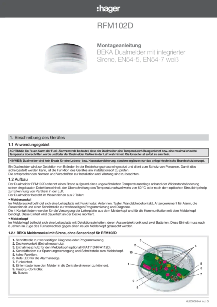 Bild Manual for RFM102D - BEKA Dual detector with siren (DE, 2020-03) | Hager Deutschland