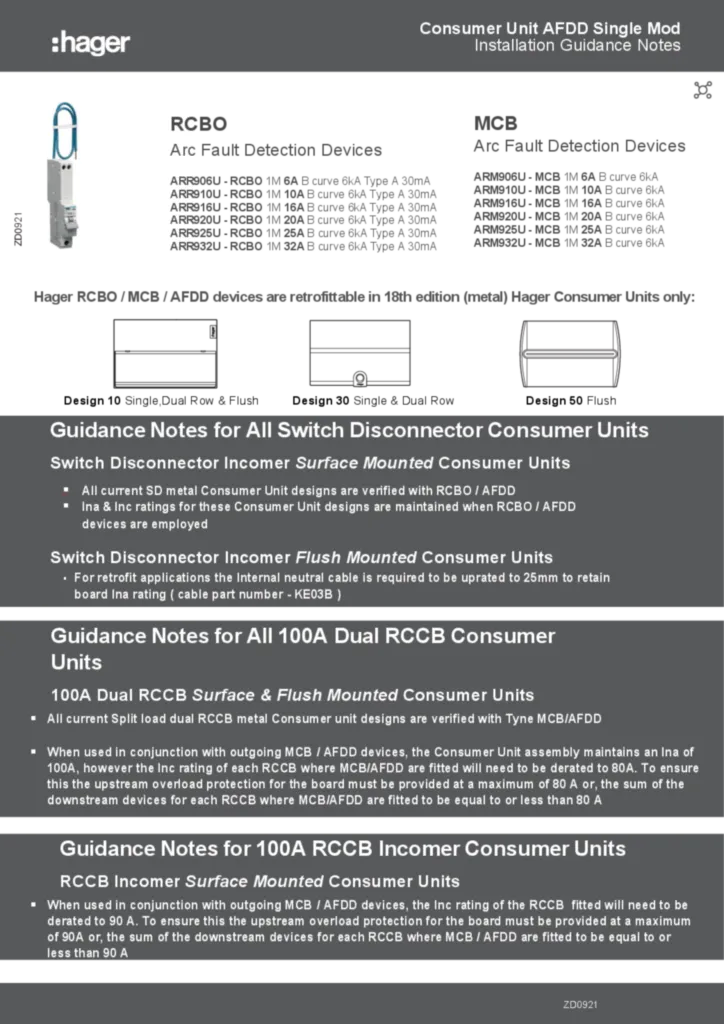 Image Guidence_notes_for_fitting_single_Mod_AFDD_Consumer_units  | Hager