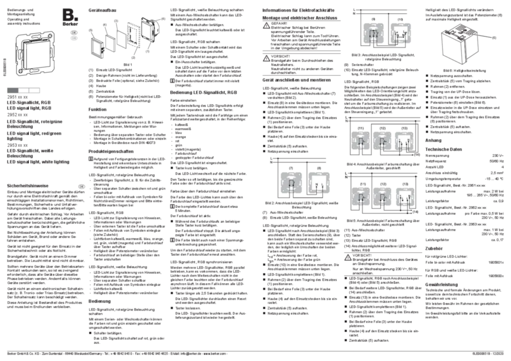 Afbeelding Manual for 2951xx-2952xx-2953xx - LED signal light (DE-EN, 2020-12) | Hager Belgium