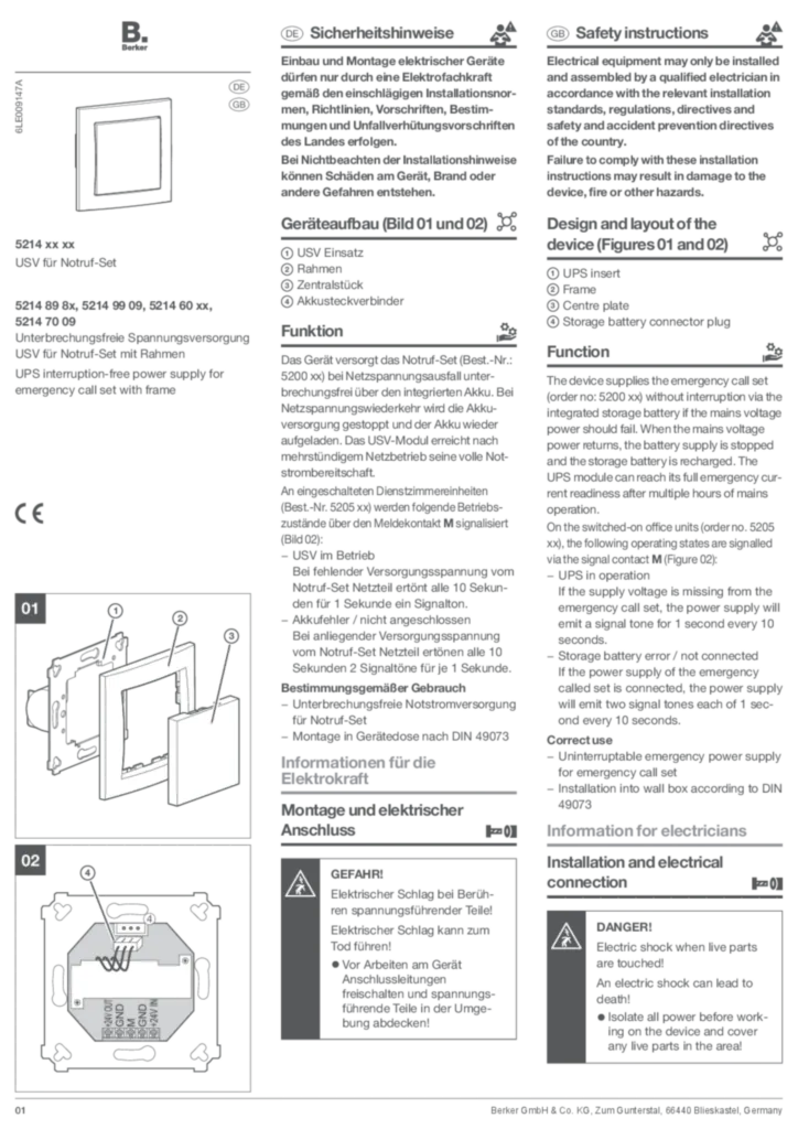 Bild Bedienungs- und Montageanleitung für 5214xx - USV Notruf-Set (DE-EN, 2022-12) | Hager Deutschland