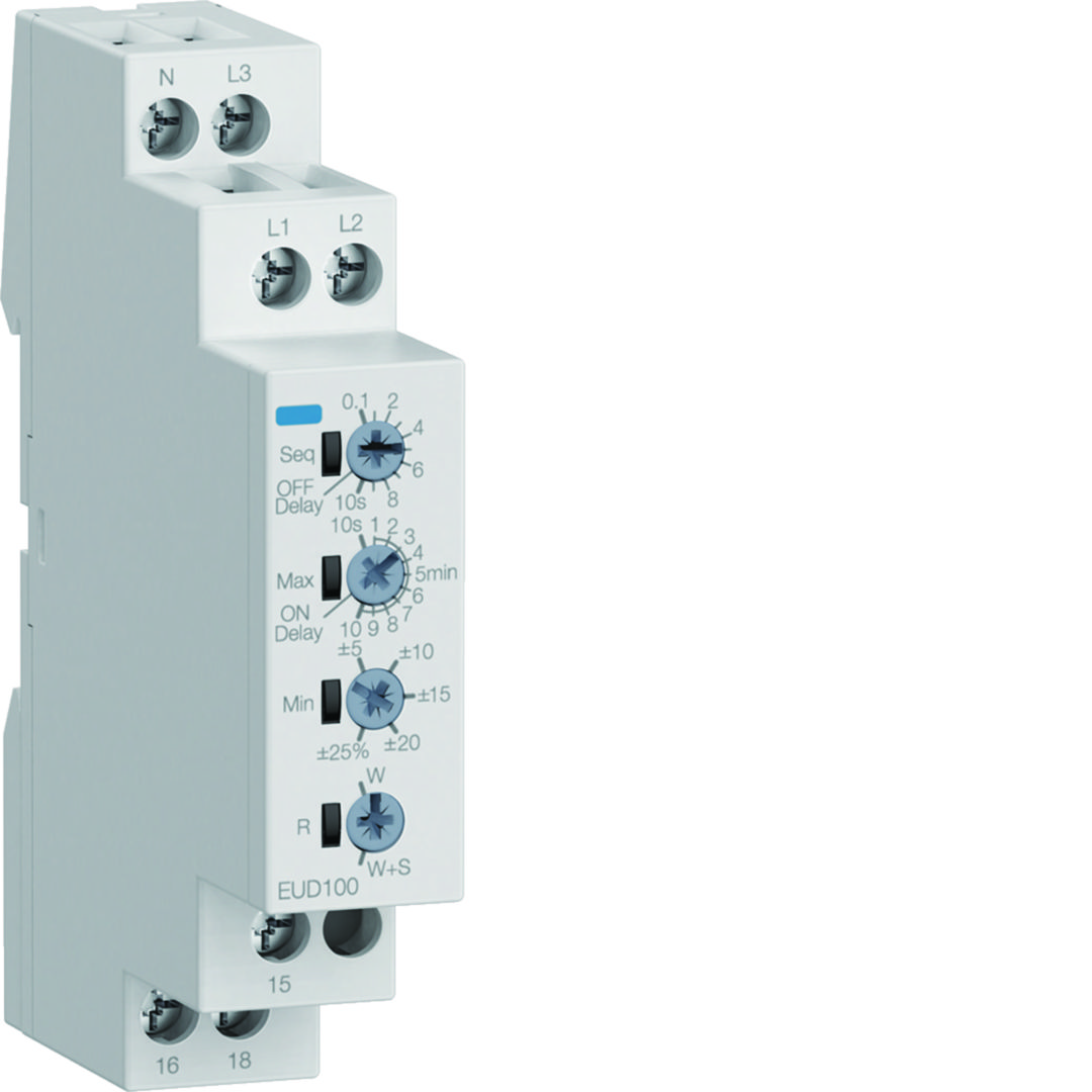 Feszülségfigyelő relé bekapcsolás késleltetésű sorolható 1P+N/3P(N) 1v 161-520V 230-400V AC EUD Hager