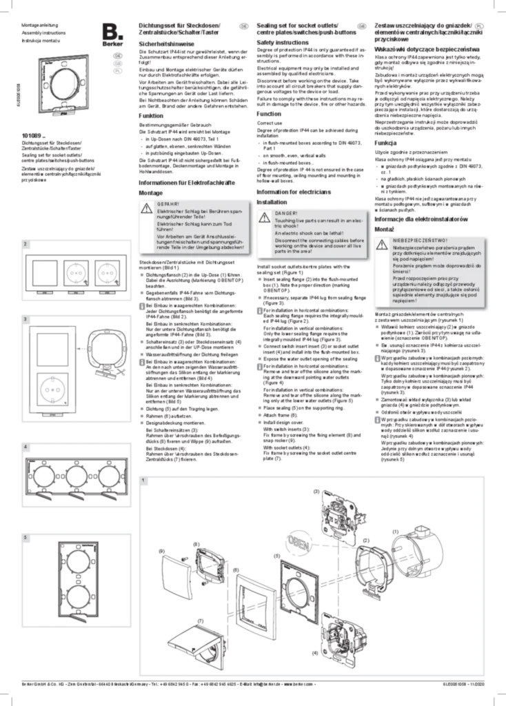 Afbeelding Manual for 101089xx - Sealing set for socket outlets/centre plates/key switches (DE-EN-PL, 2020-11) | Hager Nederland
