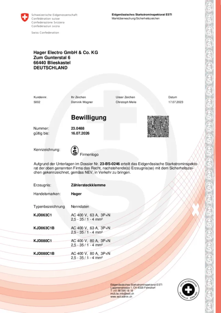 Bild Bewilligung_S_PLUS_Zaehlersteckklemme | Hager Schweiz