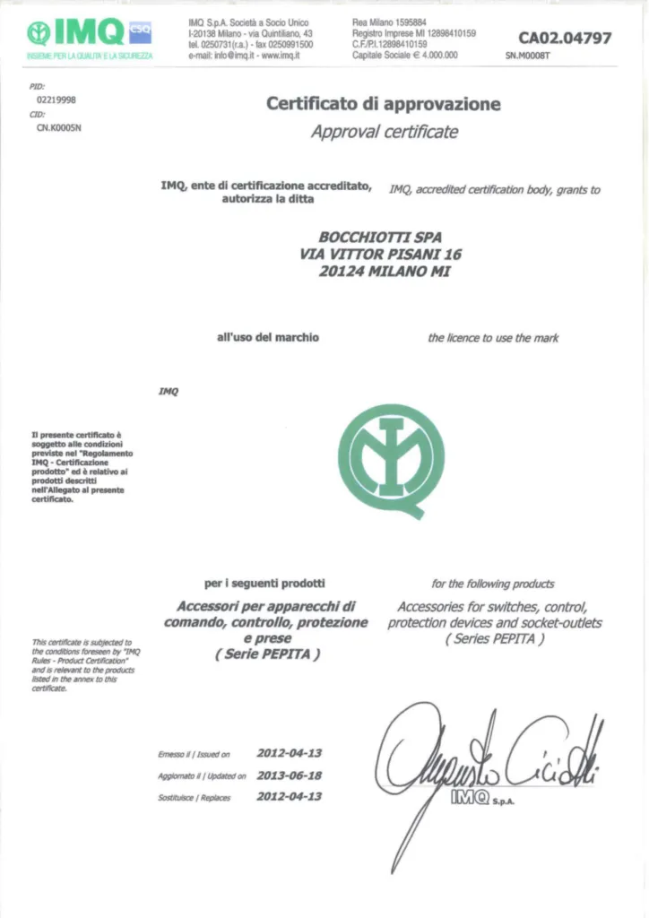 Immagine Certificato di prodotto International 2013-06-26 | Hager Italia