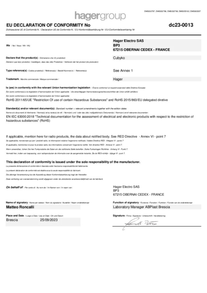 Image Déclaration de conformité International 2023-09-26 | Hager France