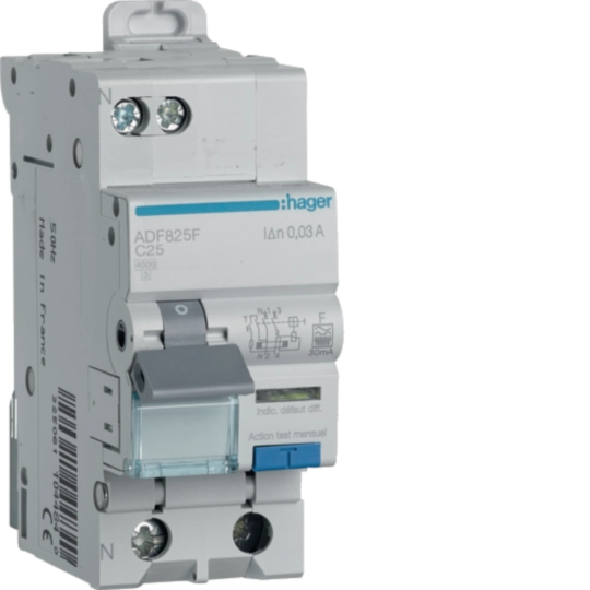 ADF825F - Disjoncteur différentiel 25A 1P+N 4,5kA Courbe C 30mA type F 2 modules