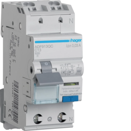 ADF913QC - Fehlerstrom-/Leitungsschutzschalter Hager 1P+N 230V C 13A 30mA F 6kA 2 Module