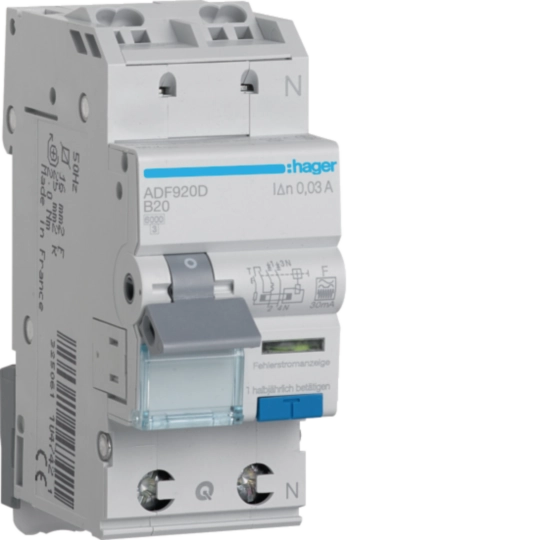 ADF920D - Fehlerstrom-Leitungsschutzschalter, FI/LS-Schalter 1P+N 6kA B-20A 30mA Typ F QC