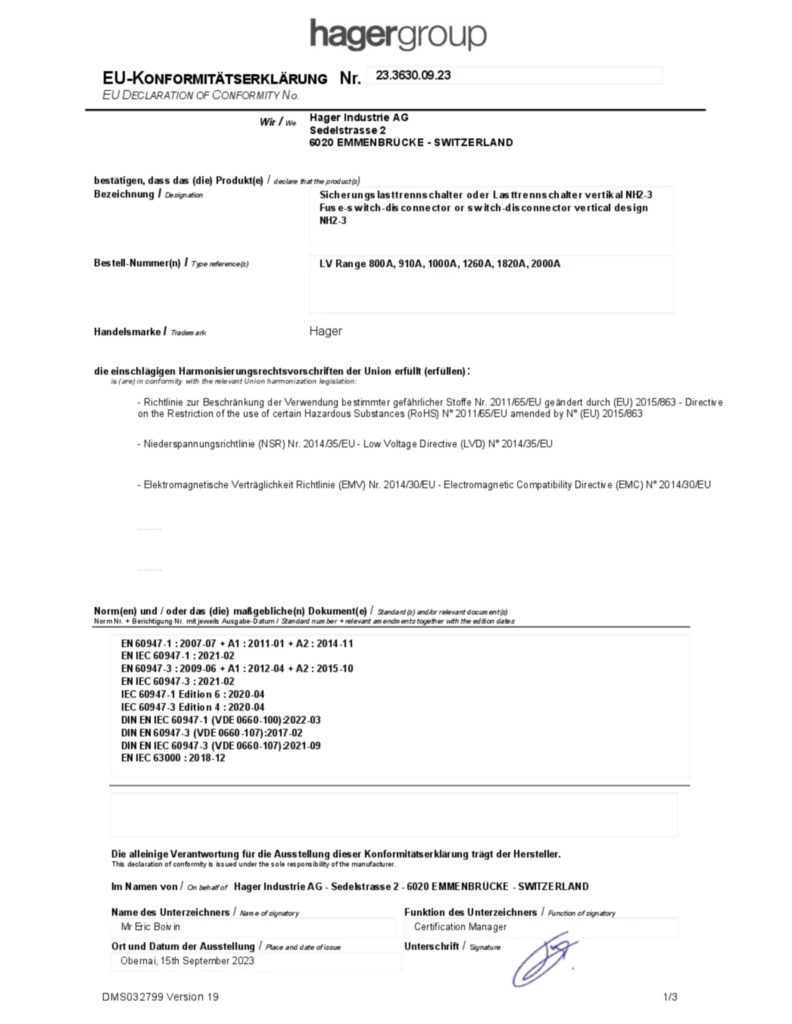 Image Déclaration de conformité en-GB, de-DE 2023-09-14 | Hager Suisse