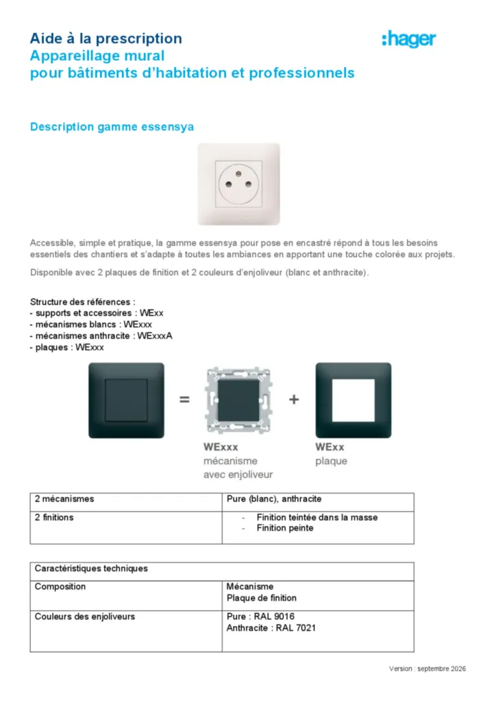 Image Appareillage mural essensya - Fiche Prescription - CCTP | Hager France
