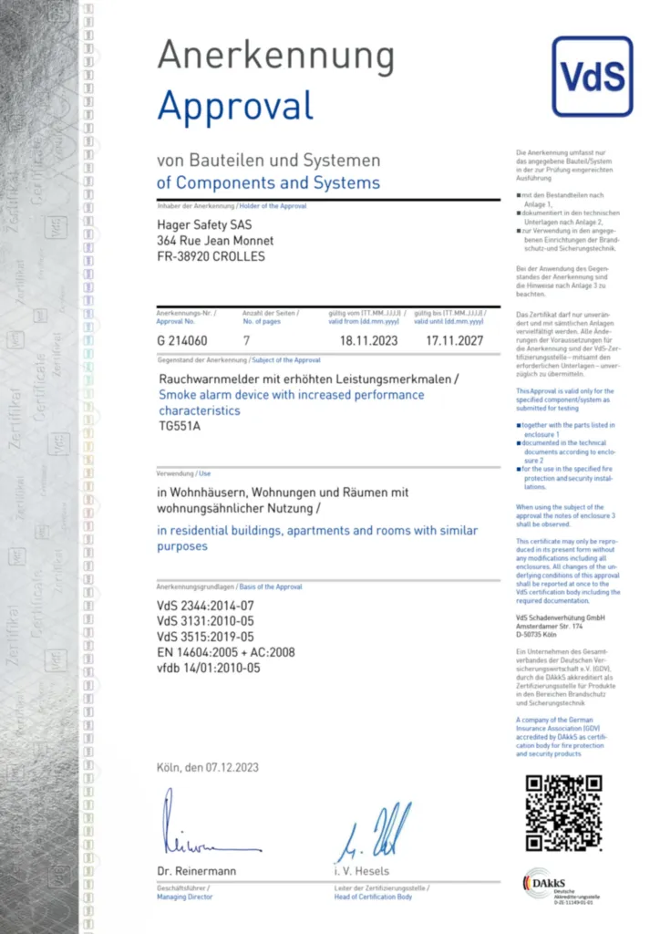 Afbeelding VdS certificate (DE, EN) | Hager Nederland