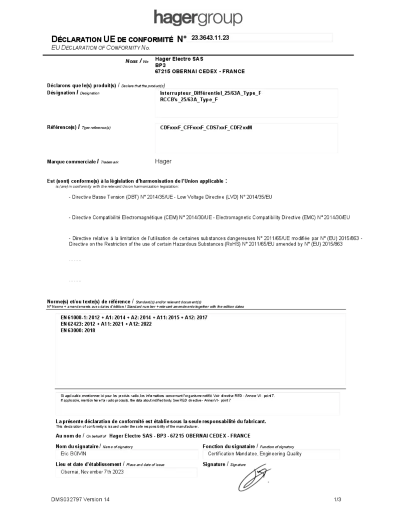 Image Déclaration de conformité en-US, fr-FR 2023-12-11 | Hager France