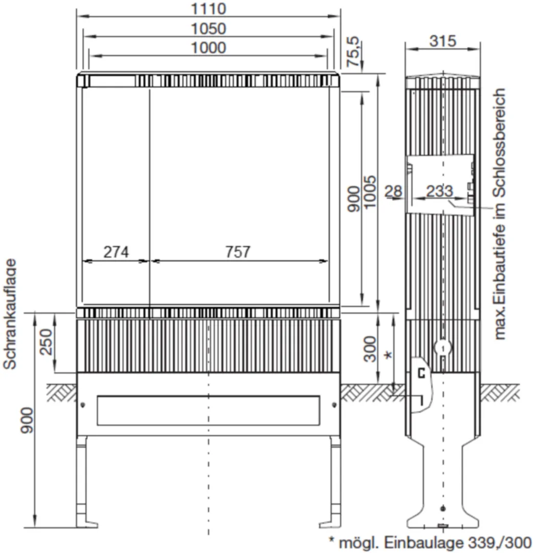 ZAL102V - Polyester verdeelkast, grootte 2/1005, asym.deuren met mont.pl, 1005x1110x315 mm